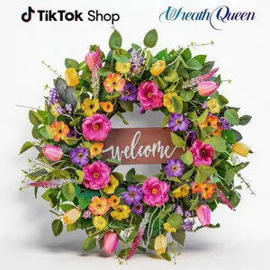 Spring Wreaths for Front Door Outside – 24" Artificial Tulip & Wildflower Spring Wreath with Green Eucalyptus Leaves and Welcome Sign- Indoor Outdoor Farmhouse Home Porch Wall Decor,front door wreath