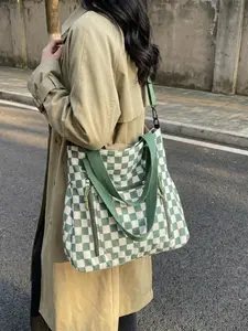 Trendy Chessboard Pattern Fabric Bag Large Capacity Tote Bag Student School Commute Shoulder Handbag Versatile Usage