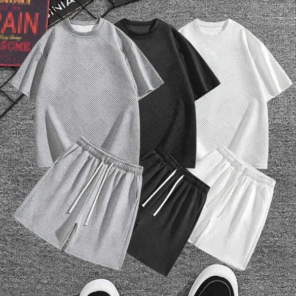 Men’s stylish casual sports set, regular fit, textured design, drawstring waistband, suitable for both casual wear and tracksuits/athleisure, two-piece set, Athleisure Style, Tracksuit Outfit