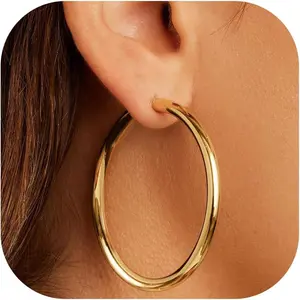3mm Thick Gold Hoop Earrings 14k Gold Plated Chunky Large Big Hoops for Women Non Tarnish Lightweight Hollow Hoop Earrings Jewelry for Women Trendy 30/40/50/60/mm