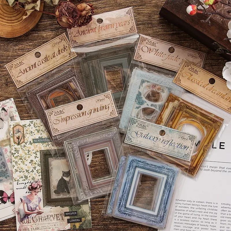 120pcs Vintage Style Frame Border Stickers, Decorative DIY Material Waterproof PET Decals Embossed Border Photo Frame Stickers for Scrapbooking Journal Decoration DIY Craft (20pcs/pack, 6packs)
