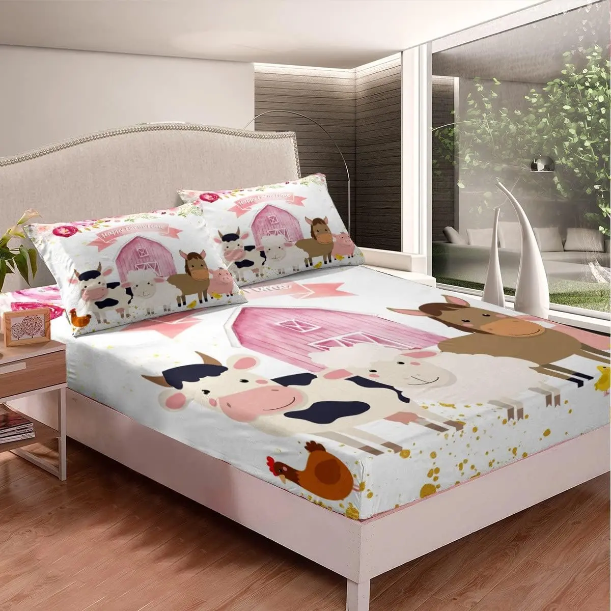 Feelyou Twin Size Fitted Sheet & Bedding Set - Cute Farm Animals (Cow, Pig, Sheep, Chicken) Design, Soft Breathable Bedding Sheets, Deep Pocket Rustic Farmhouse Bed Cover, Soft Breathable Sheet