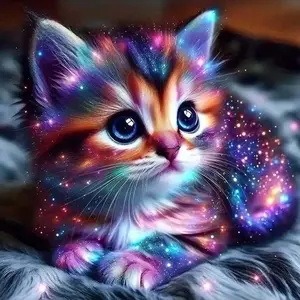5D DIY full diamond round diamond painting - diamond art painting kit starry sky kitten mosaic, canvas - DIY decorative painting, home wall decoration, perfect for Halloween and Christmas, Independence Day, birthdays, and anniversary gifts, Kitty