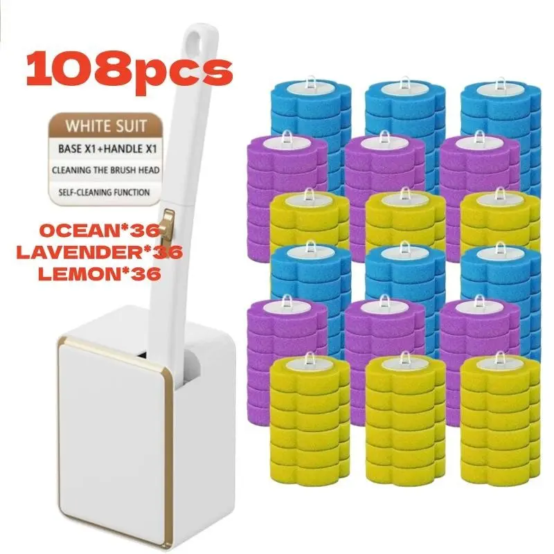 Disposable Toilet Brush with Base, Toilet Brush Set, Toilet Wand, 36/54/108 Brushes, Deep Cleaning Tool, Wall-Mounted System for Toilet, Bathroom