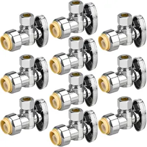 1/2/5/10/20pcs Stop Valves, 1/2"  3/8" Angle Stop Valve, 1/2" PTC Input, 3/8" OD Compression Output, Push to Connect, 1/4 Turn, Chrome Plated Brass for Faucet, Toilet Valves, No Lead (10pcs Angle)