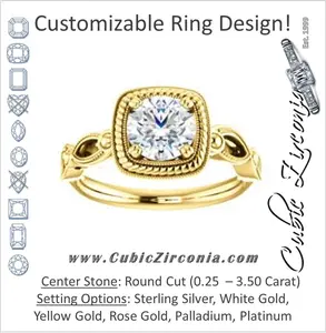 Cubic Zirconia Engagement Ring- The Lucille May (Customizable Round Cut Solitaire featuring Filigree Faux Halo and Infinity Split Band)