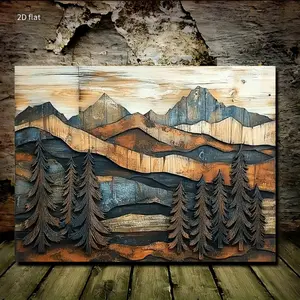 Country Style Wooden Frame Three-Dimensional Texture Wall Decoration - Relief Pine Trees and Mountain Scenery Wrapped Canvas, Farmhouse Wooden Frame, Textured Three-Dimensional Design, Suitable for Small Wooden Houses, Log Cabins or Home Office Decoration