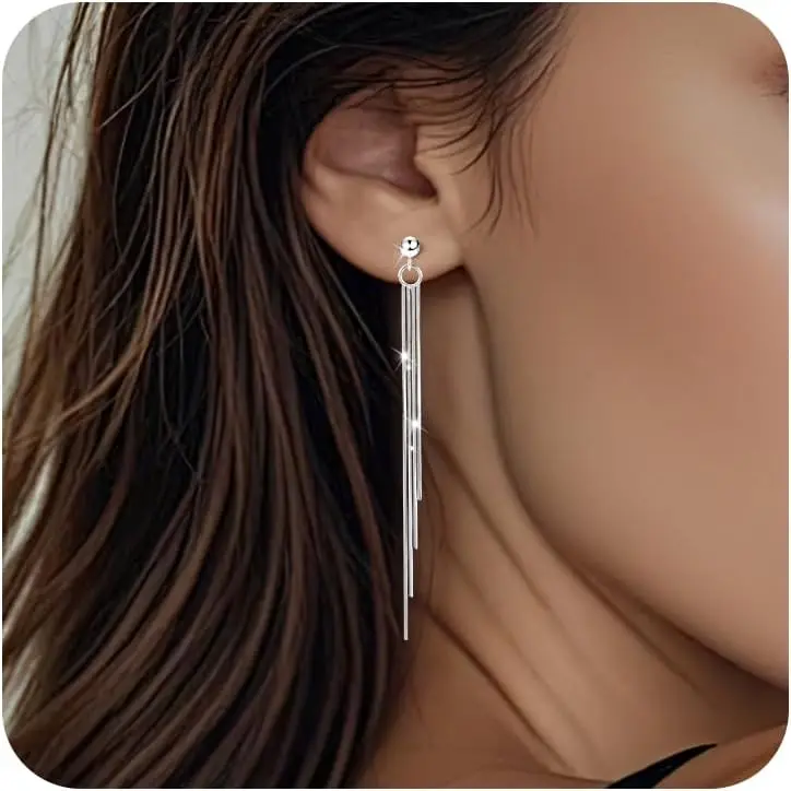 Long Gold Silver Dangle Earrings for Women 925 Sterling Silver Tassel Threader Earrings Dangling Dangly Chain Chandelier Drop Wedding Elegant Sparkly Dainty Dangle Earrings