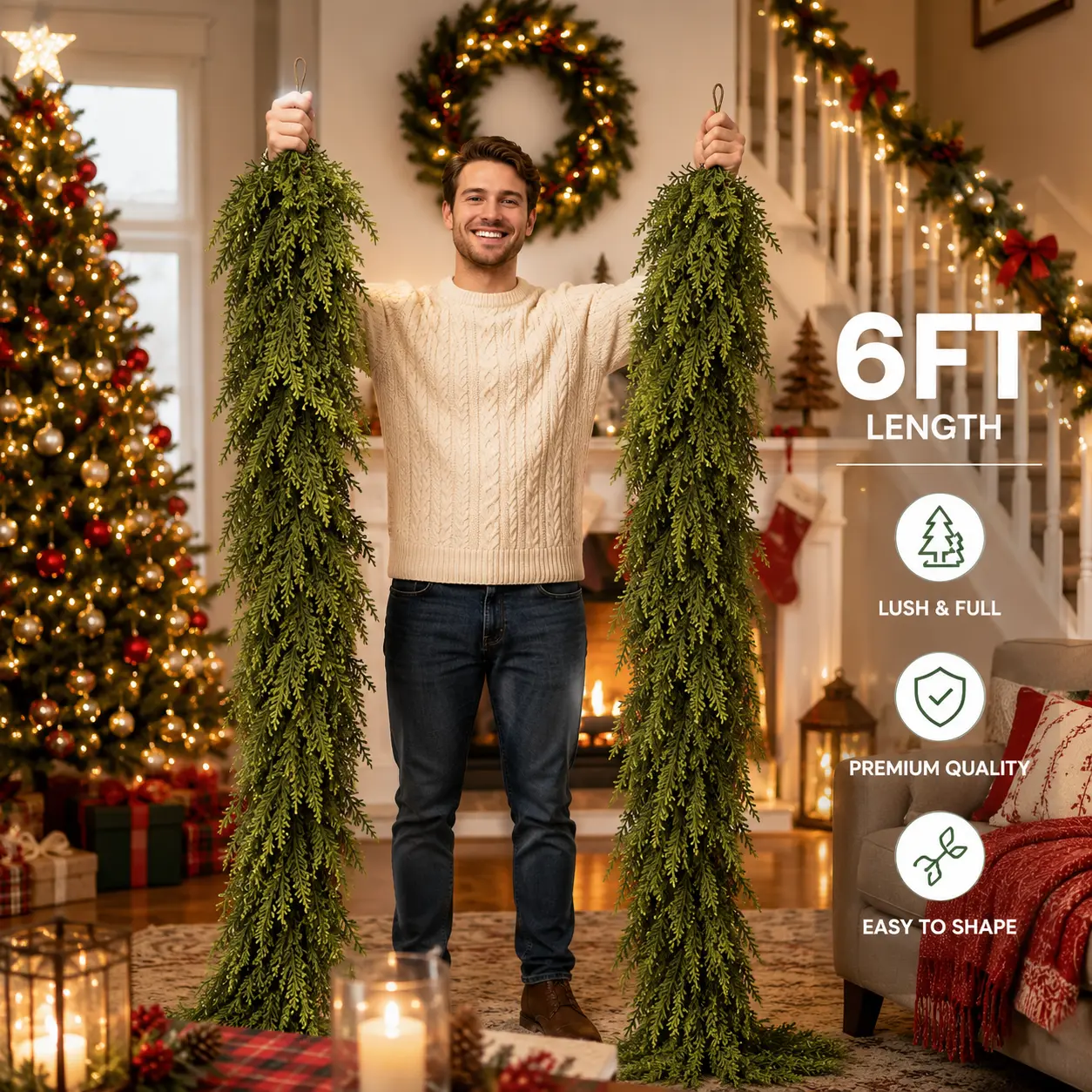 6 FT Artificial Cedar Garlands, Real Touch Winter Cedar Garland, Green Artificial Greenery Pine Garland for Table, Mantle, Wall, Indoor & Outdoor Christmas Decorations