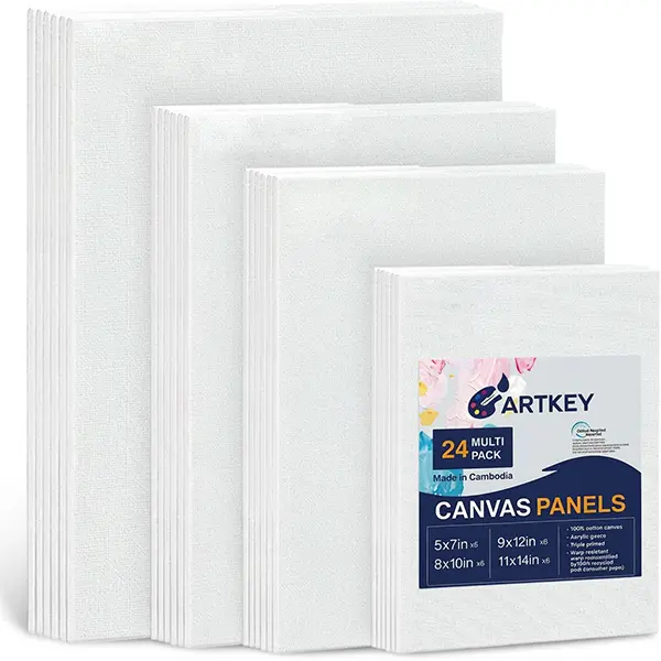 Canvas Panels 24-Pack 5x7, 8x10, 9x12, 11x14 Inch, 10 oz Primed 100% Cotton Canvases for Painting, White Blank Flat Canvas Boards for Oil Acrylics Watercolor Tempera Paint