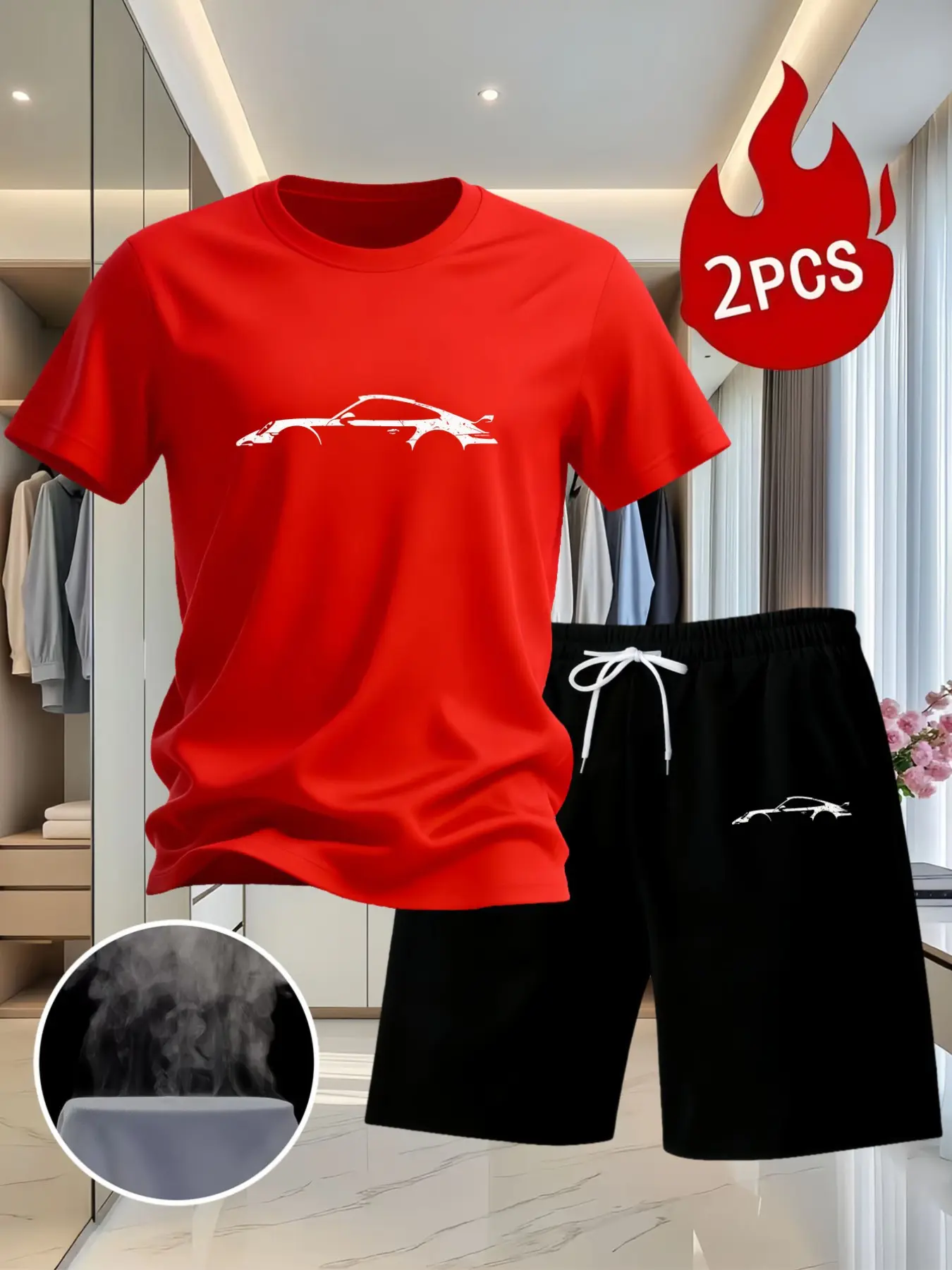 Red Sports Car Silhouette Printed Men's Short Sets, Breathable Quick-Dry Fabric Casual 2-Piece Outfit, Men's Car Enthusiast Trendy Wear Top