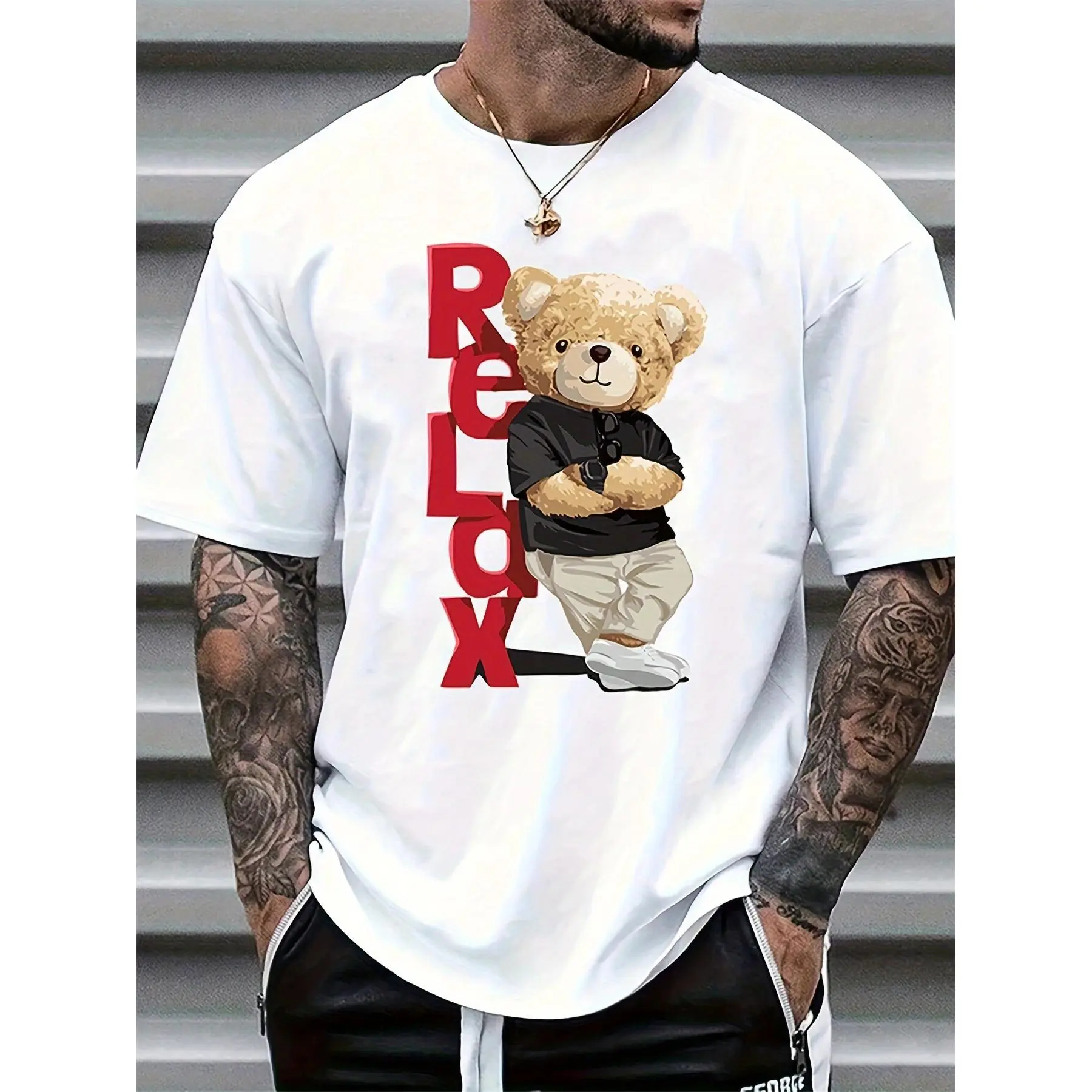 Men's Soft Fashion Menswear Short-Sleeve T-Shirt - Classic Cotton Bear & Beech Tree Ink Drawing Streetwear, Casual Round Neck Regular Fit Machine Washable Opaque Top for Outdoor Use (In Stock)