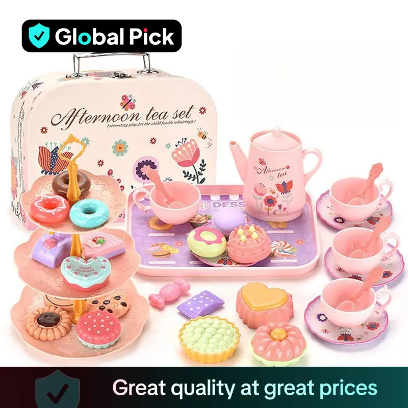Girls Tea Party Set, Pretend Play Kitchen Toy with Dessert Cookies Donuts Teapot, Princess Role Play Gift for Girls Aged 3-6 Years