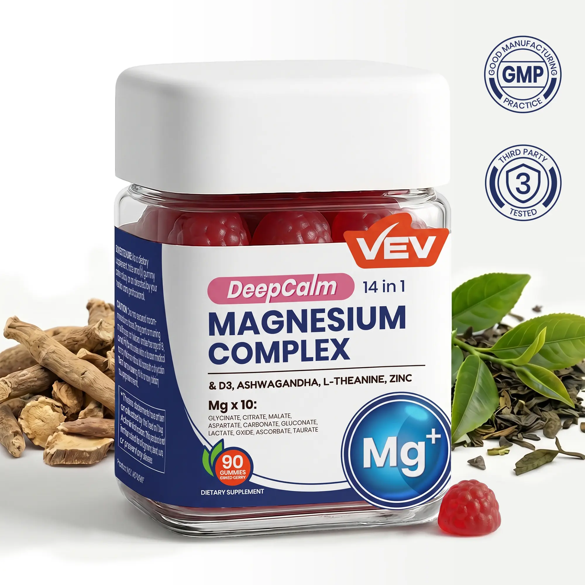VEV DeepCalm Magnesium Complex Gummies - Ashwagandha, L-Theanine, D3 & Zinc, Vegan, Non-GMO, 90 Count