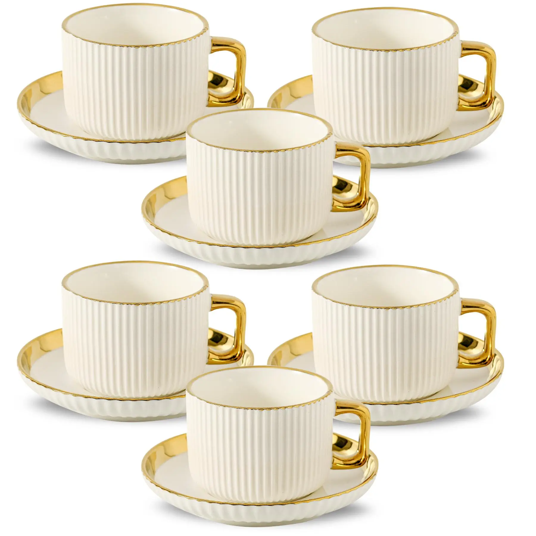 Ceramic Tea Cup & Saucer Set, 4/6 Sets Modern Stripe Design Coffee Cup & Saucer, Drinking Supplies for Home Office Use
