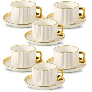 ceramic tea cup & saucer set, 4/6 sets modern stripe design coffee mug & saucer, drinking supplies for home office use, coffee stylish drinkware