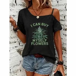 Womens Asymmetrical One Shoulder Strap Short Sleeve Tee Oversized Off The Shoulder Top Graphic Green Leaf Plant Flower Print Casual Summer Streetwear
