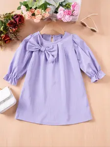 Toddler Girl's Solid Bow Decor Ruffle Trim Sweater Dress, Cute Casual Cap Sleeve Knit Dress for Summer, Kids Clothes for Daily Wear