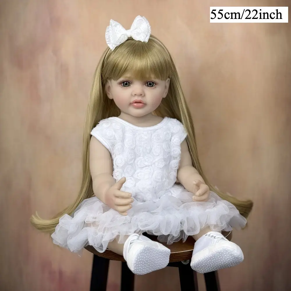 22-Inch (55cm) Full Vinyl Lifelike Reborn Baby Girl Doll, Collectible Handmade Art Toy with Soft Waterproof Body, Long Blonde Hair, for Kids Aged 3+, Ideal Birthday Gift, Baby Doll, Collectible Dolls, Realistic Newborn Doll