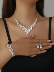 Luxurious Bridal Jewelry Set, High-End Artificial Crystal Teardrop Necklace Bracelet Earrings, Four-Piece Set, Elegant Wedding Accessories