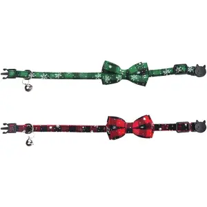 2 Pack-Set Christmas Cat Collar Breakaway with Cute Bow Tie and Bell for Kitty Adjustable Safety Plaid