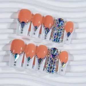 LikeTeTe french tip Handmade Acrylic Press On Nails Premium Salon Quality ，Luxury Nail Art square press on nails Marble Pattern