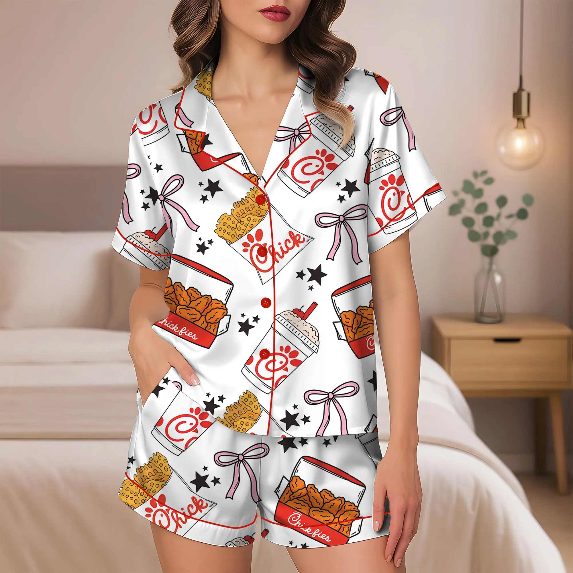 Chicken Nuggets Coquette Satin Pajamas for Women ,Funny Cute Chicken Sleepwear, Comfy Satin Lounge Set for Holiday Gift
