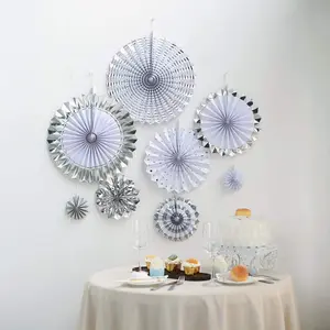 Set of 8 Silver White Hanging Paper Fan Decorations, Pinwheel Wall Backdrop Party Kit - 4", 8", 12", 16"