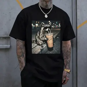 Men's Funny Raccoon Iced Coffee Graphic T-Shirt, Casual Streetwear Tee With Cool Sunglasses Raccoon Print, Viral Meme Short Sleeve Top