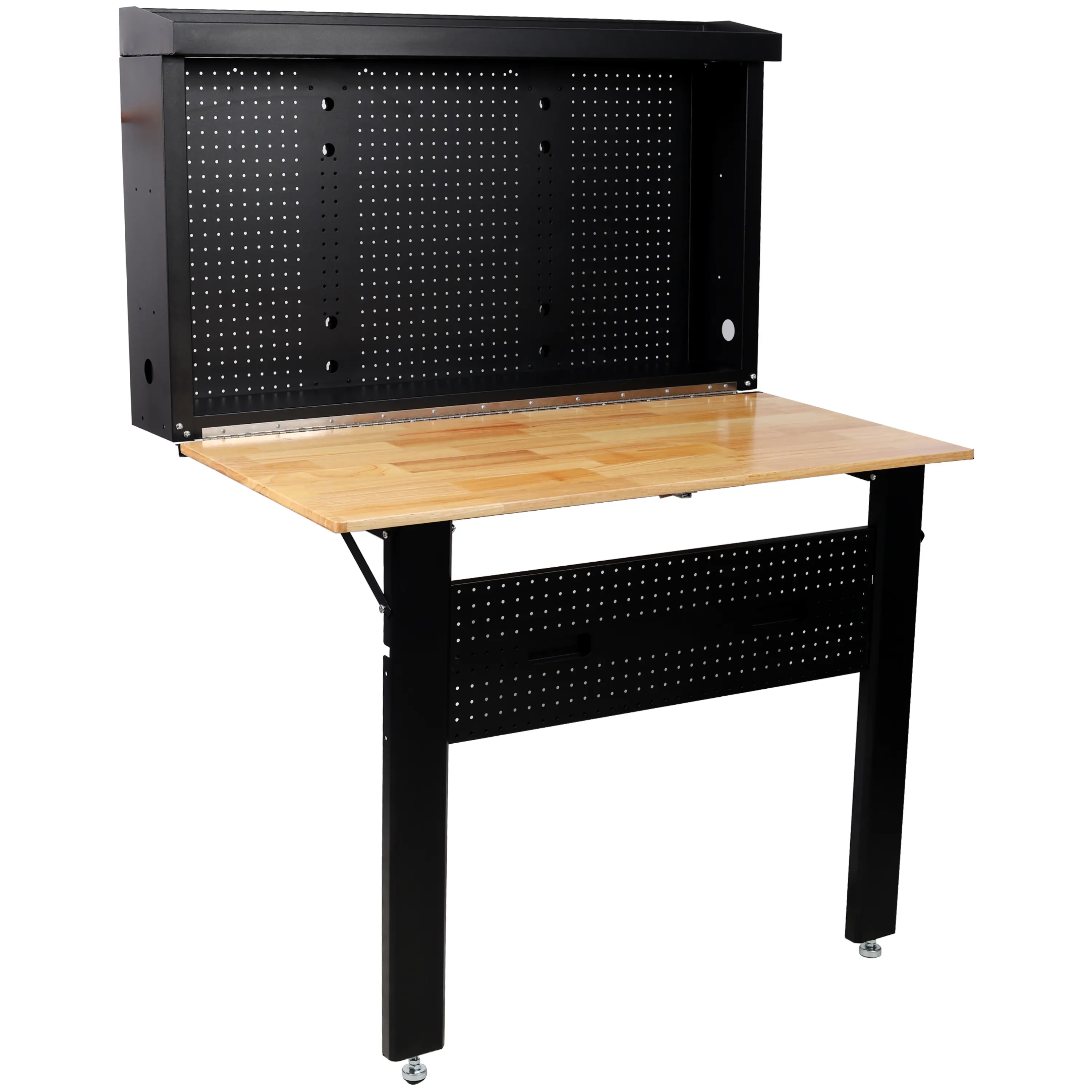 Foldable Wall-Mounted Workbench with Rubberwood Surface, Pegboard, Compact Tool Storage, 440lbs/200kg Capacity, Space-Saving Design for Garages, Workshops