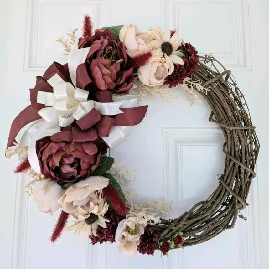 Autumn/Fall natural grapevine wreath, Burgundy & Cream Fall Grapevine Wreath