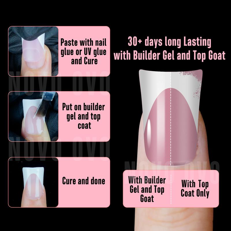 NOVO OVO French Tip Short Duck Nail Tips Press on, Pre-designed Soft Gel Nail Extension, BERRY PINK Pre-applied Tip Primer & Base Coat, Full Cover Matte Vrial False Nails for DIY x 12 Sizes 240 pcs【NO GLUE ,TOP COATAND LAMP INCLUDED】