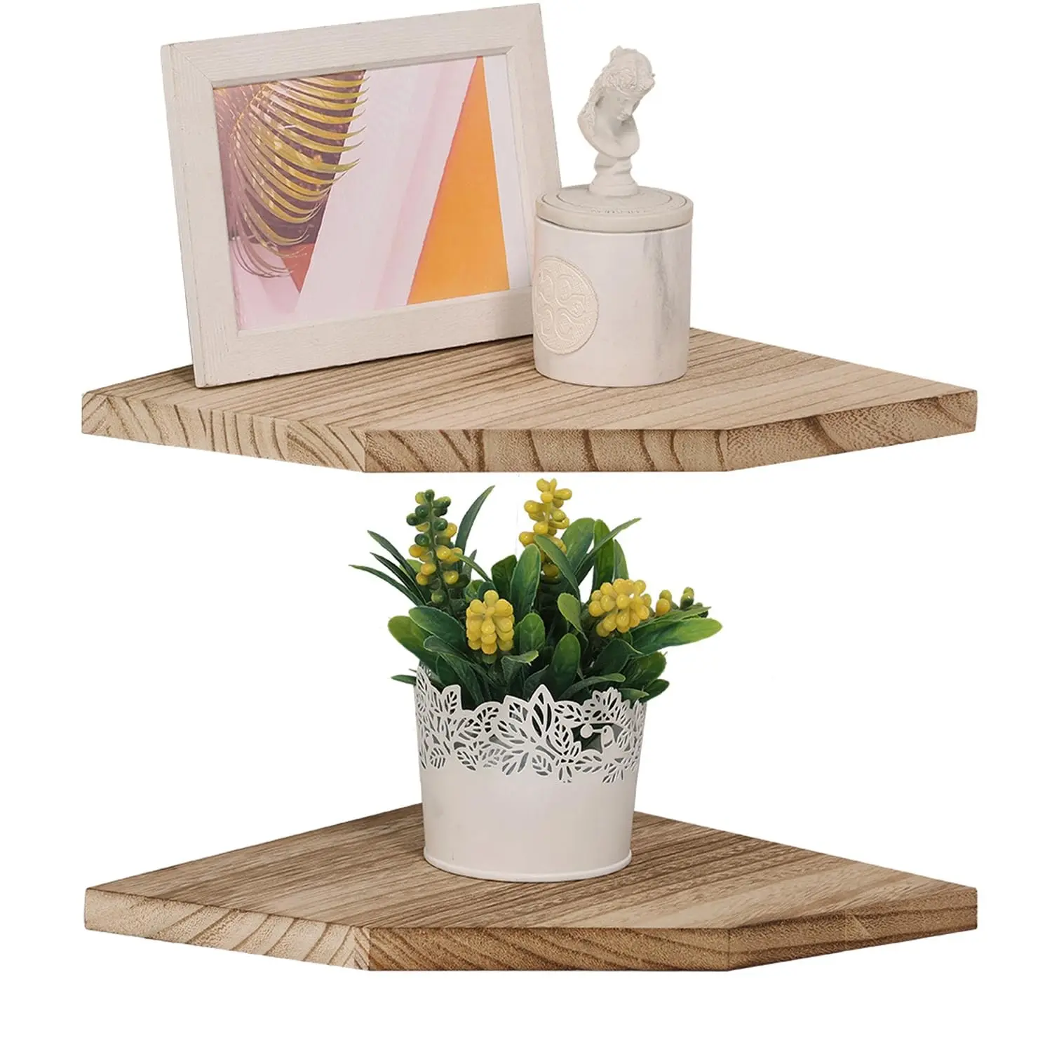 Wall-Mounted Corner Floating Shelf (2 Piece Set), Wooden Wall Shelf Unit, Real Wood Corner Storage Rack with Cable Holes, Wall Mounted Organizer, Perfect for Kitchen, Living Room, Bedroom