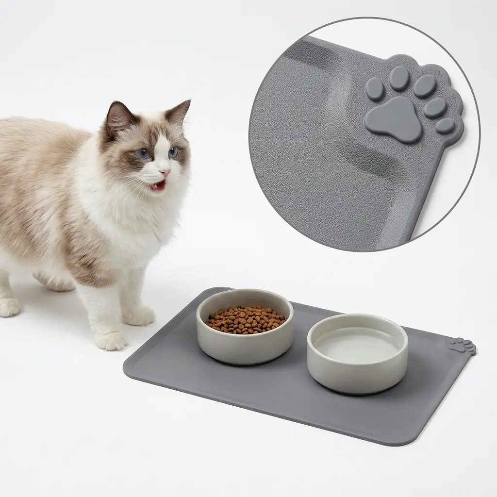 Waterproof Dog Bowl Mat Floor Protector for Splashing, Heavy Duty Silicone Pet Feeding Placemat for Cats