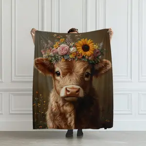 Cow Floral Print Flannel Cozy Blanket, Soft Comfortable Throw Blanket, Cool Decorative Bedroom Bedding Blankets, Warm Napping Blanket for Home Office Travel, All Season Blanket
