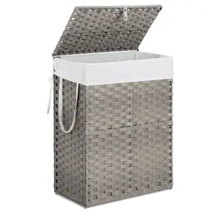Furnishflex Laundry Basket with Lid, 110 L Hand-Woven Pp Rattan Laundry Basket with Compartments & Handles, Foldable, Removable Liner
