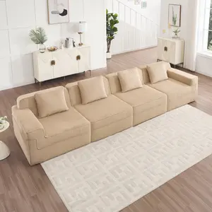 Modular 4 Seat Boneless Sofa Couch, Cloud Sectional Couch with Deep Seat, Modern Modular 4-Seat Sofa Couch with Throw Pillows Corduroy Fabric Camel