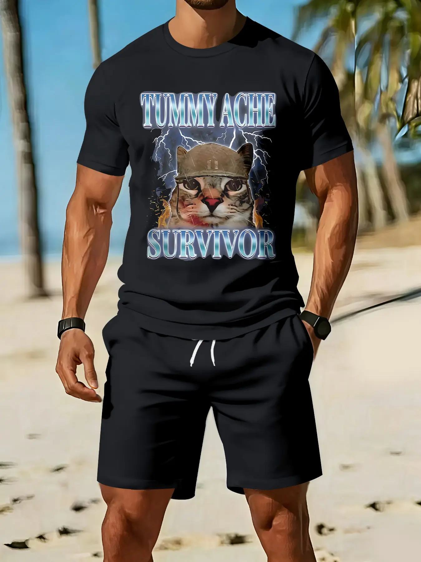 Men's 3D Digital Printed Two-Piece Set with Funny Cat Slogans, 2Pcs, Trendy Fashion Outfit, Retro Casual Two-Piece Suit, Vacation-Style Trendy Wear, Breathable Sports & Casual Style, an Ideal Festival Gift for Men
