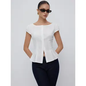 Cider Cotton-blend Textured Boat Neck Puff Sleeve Button Through Peplum Blouse Dealsforyou