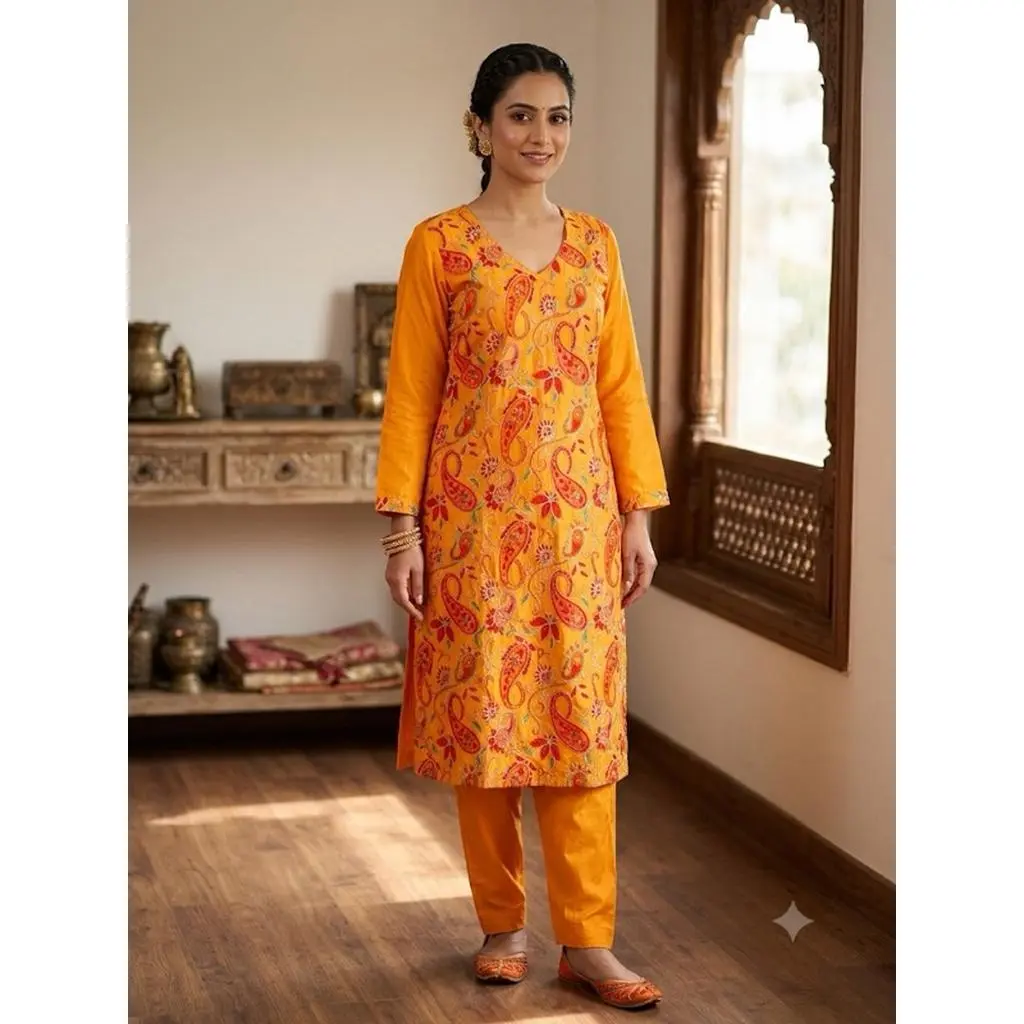 Women's Paisley Floral Kurta Set with Trousers Elegant Ethnic Two-Piece Outfit Casual V-Neck Kurti Traditional Festive Wear Size M L XL XXL