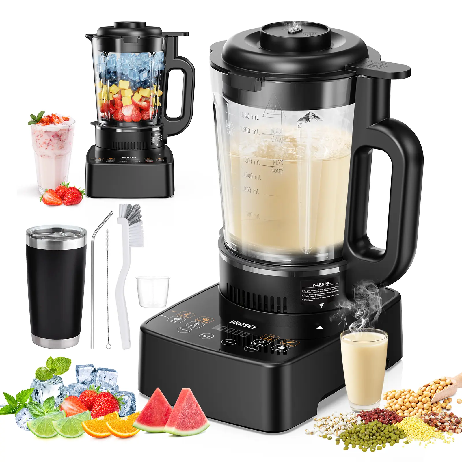 PRASKY Glass Heating Blender and Soy Milk Maker, 10-in-1 Smart Kitchen Machine with 600ml Thermos, 24H Delay Start for Sauce, Soups, Smoothies, Juices, Stews, Cleaning Brush Included