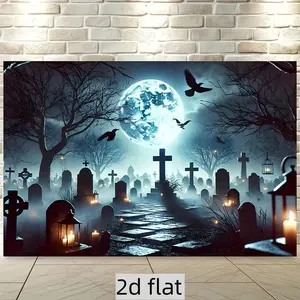 Gothic Graveyard Backdrop with Full Moon Tombstones & Eerie Pathway Fabric Wall Decor for Halloween Parties Vibrant Colors Lightweight Easy Installation Large Size Banner Ornaments