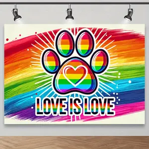 Pride Rainbow Paw Print Studio Backdrop, Polyester Fiber, Vibrant Multi-Color Pride Theme Background, with Friendly Equality Message for Pet Photography Banners White
