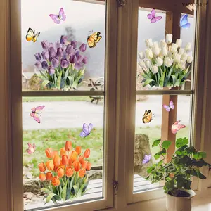 A set (30*30cm*4pcs) of spring and summer colorful tulip flat window stickers with electrostatic adsorption, for beautification and decoration, detachable, D21725-NC