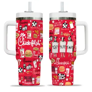 Chick-fil-A Inspired 40oz Tumbler with Handle, Fast Food Lover Aesthetic Cup, Chicken Sandwich Theme Travel Mug, Drive Thru Foodie Fan Gift, Red White Brand Style Stainless Steel Tumbler, Reusable Hot Cold Drinkware