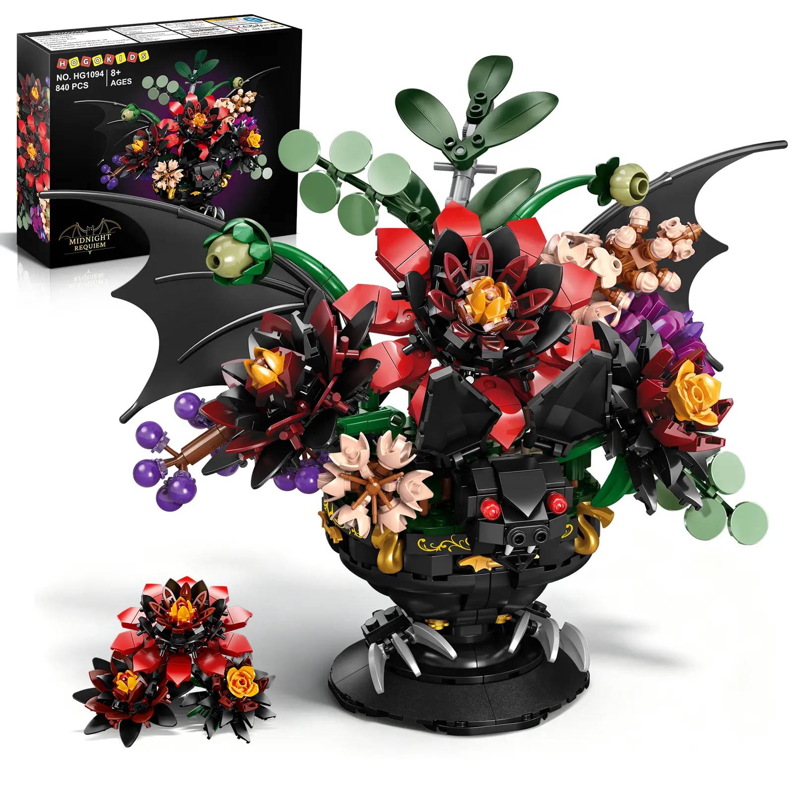 Halloween Gothic Black Dahlia Flower Building Set – Botanical Bouquet with Bat Guardian Pot, Halloween Home Decor,Artificial Flower, Unique Gift for Women, Mom, Wife, Girlfriend (840PCS)