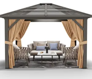 10x10ft Gazebo, Hardtop Outdoor Canopy Aluminum Frame Permanent Gazebo with Netting and Curtains, Polycarbonate Garden Tent for Patio, Lawn, Backyard