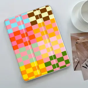 Vintage Viral Dopamine Checkered iPad Case,Tri-Fold Stand Case for iPad, Transparent Acrylic Hard Back,Color-Block Grid Pencil and Charger Slots, Ultra-Thin Scratch-Resistant Design for iPad 10.2inch, Mini, Pro, Air, Ideal for Work and School