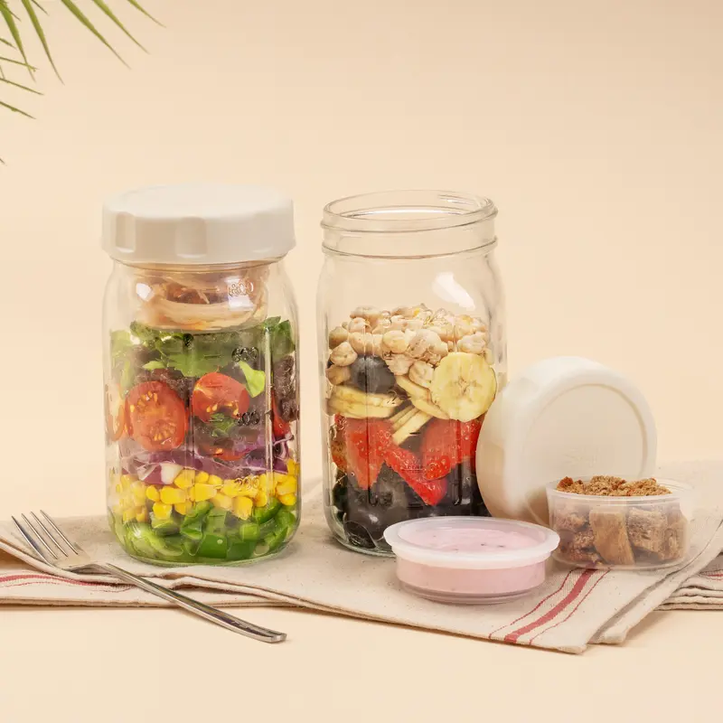 SOLIGT Minimalist Round Glass Salad Jars with Lids - 4-Pack 32oz BPA-Free Compartmentalized Meal Prep Organiser, Anti-Leak Bento Kit Jars, Kitchen Preserving Containers with 2 Built-in Wet/Dry Boxes, 3-Zone Salad Storage, Picnic-Ready