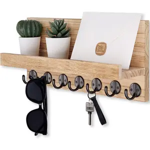 Key Holder Wall Mount, Entryway Key and Mail Holder with 7 Sturdy Hooks for Sunglasses,  Leash, Decorative Wall Shelf with Mounting Hardware, 15"W x 6.7"H x 4.2"D ()